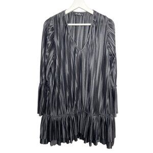 Anna Grace Small Pleated Black Satin Mini Dress V Neck Tiered Party Cocktail